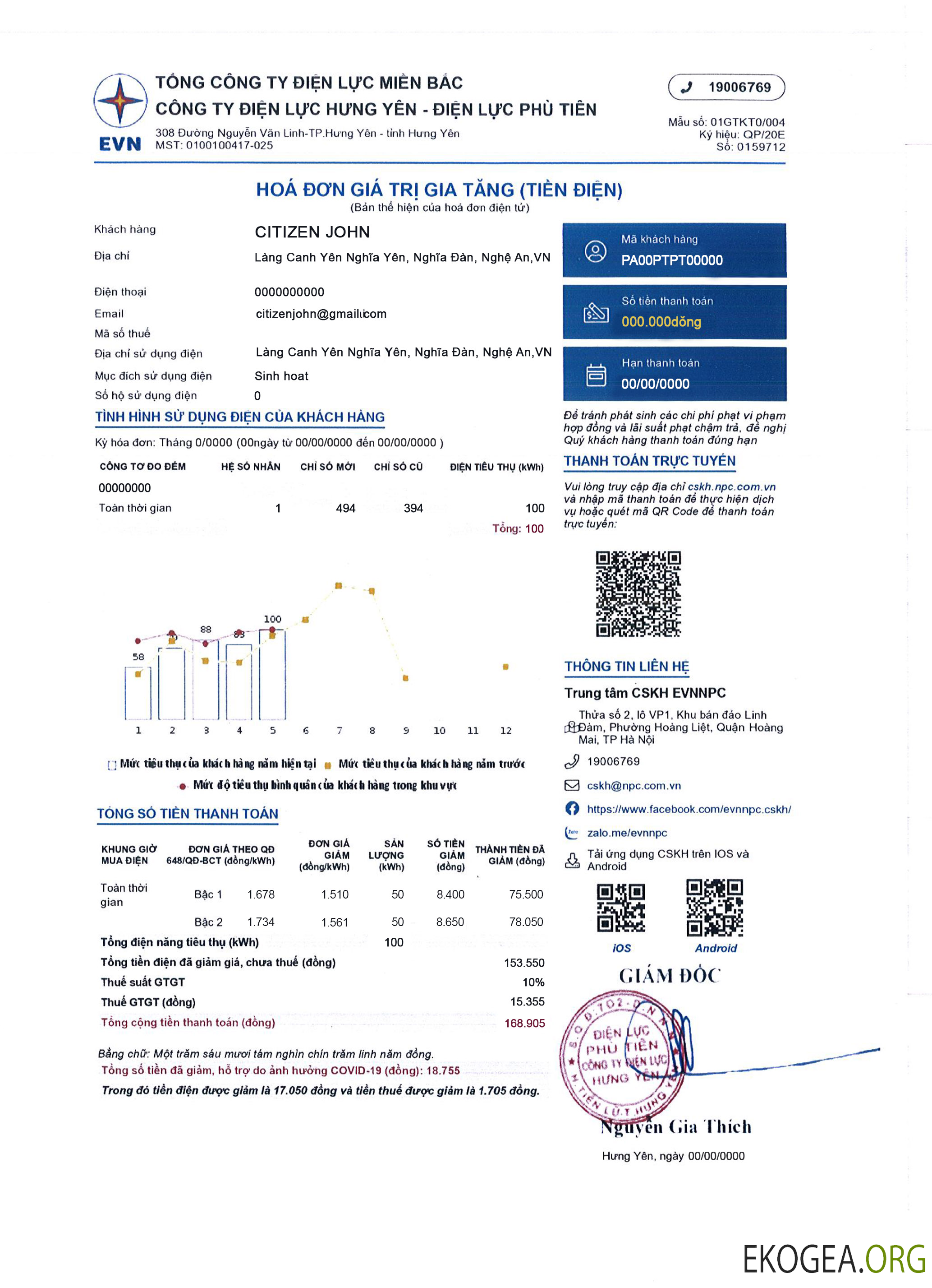 Vietnam EVN NPC TỔNG CÔNG TY ĐIỆN LỰC MIỀN BẮC   CÔNG TY ĐIỆN LỰC HƯNG YÊN   ĐIỆN LỰC PHÙ TIÊN electricity utility bill